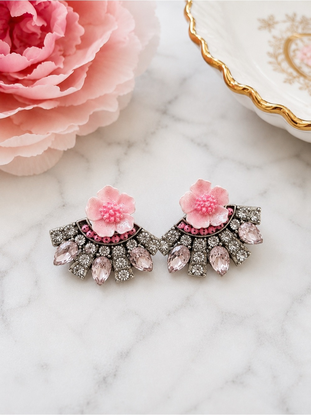 Pink Floral Rhinestone Statement Earrings Silver Tone Crystal Studs